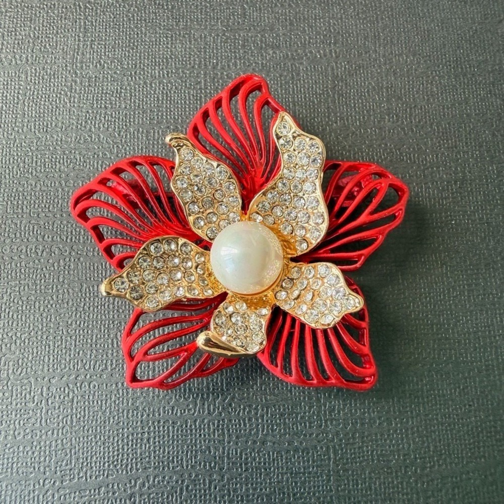 Flower Brooch Red Gold Alloy Faux Pearl Orchid Pin Clear Rhinestone Crystal New